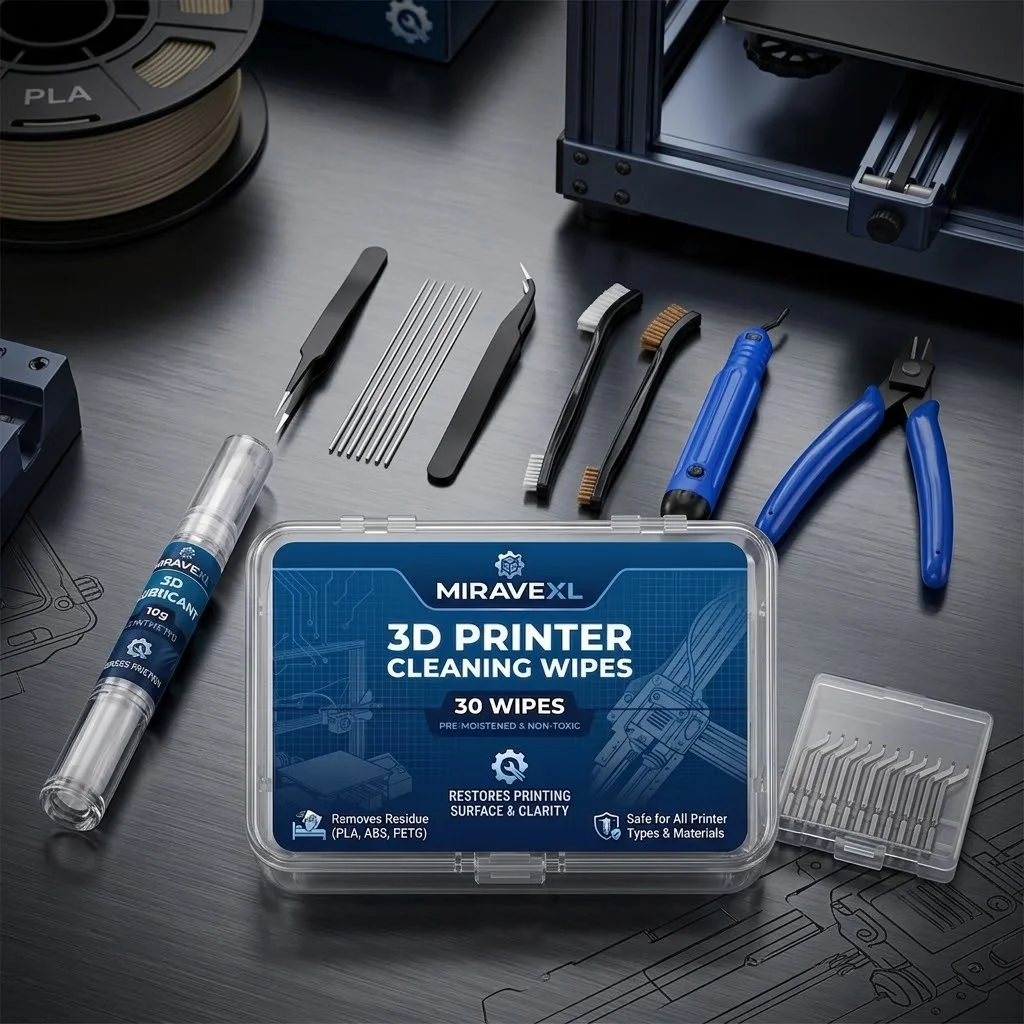Complete 3D Printer Care Set: MIRAVEXL 10g Lubricant Pen,30 Wipes, Cleaning Needles, Dual Brushes, Nippers, & 10 Deburring Tools
