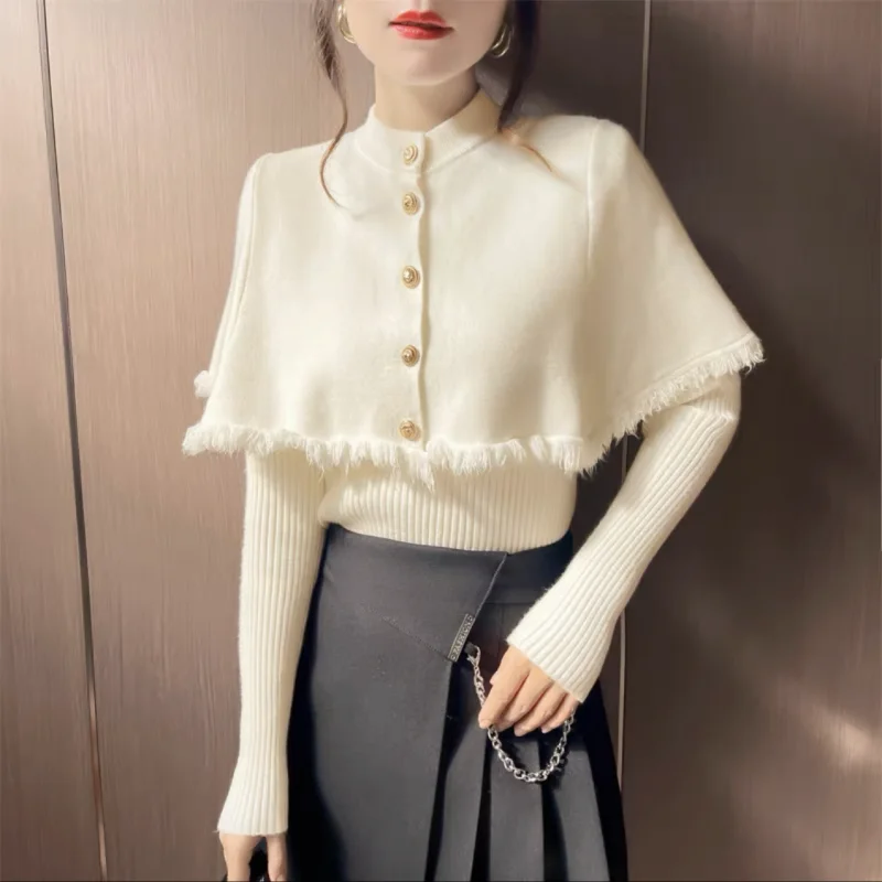 Tassel Cape Shawl Sweater Two-piece Set 2023 New Autumn and Winter Soft Waxy Style Top Long-sleeved Knitted Jacket