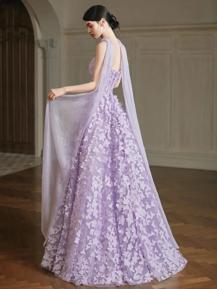 Elegancka, fioletowa suknia wieczorowa bez ramiączek, sukienki na studniówkę z szalem, szyta na miarę, długa do podłogi, linia A, kwiaty 3D, sesja zdjęciowa ślubna.