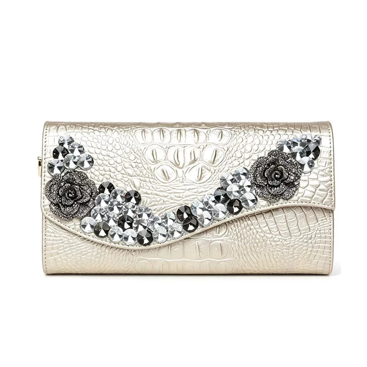 Alligator Pattern Women Cow Leather Clutch Bag Removable Chain Strap Crossbody Evening Bag Diamond Ladies Cowhide Purse Handbag