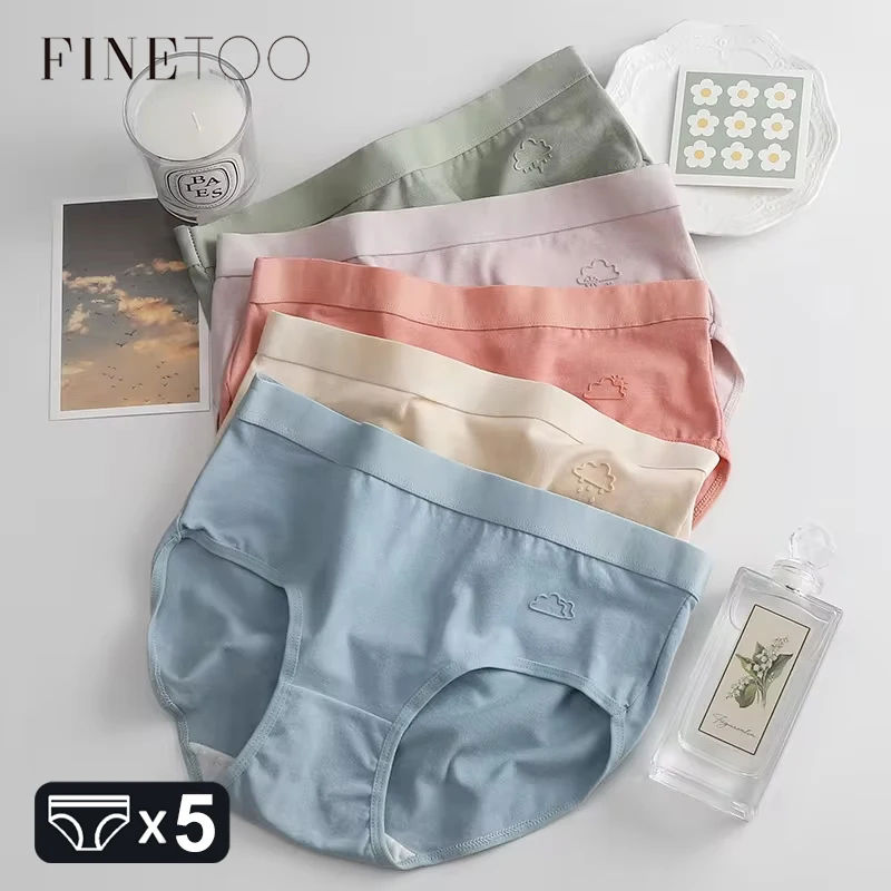 FINETOO 5PCS 100% Cotton Panties for Women Sexy Low Rise Briefs Female Breathable Underwear Solid Color Panties Lingerie M-XL