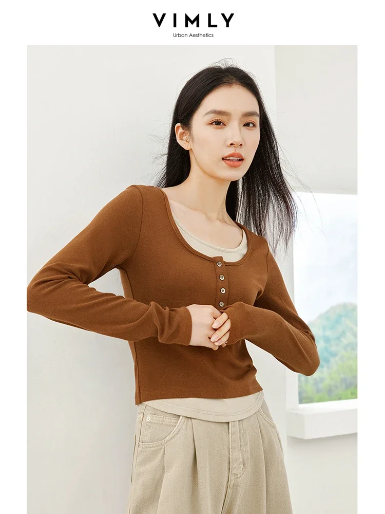 Vimly Contrast Fake 2 Piece Pullover T-shirt Female Autumn O-neck Long Sleeve Tops 2023 Fall New High Strecth Slim Tshirt M5119