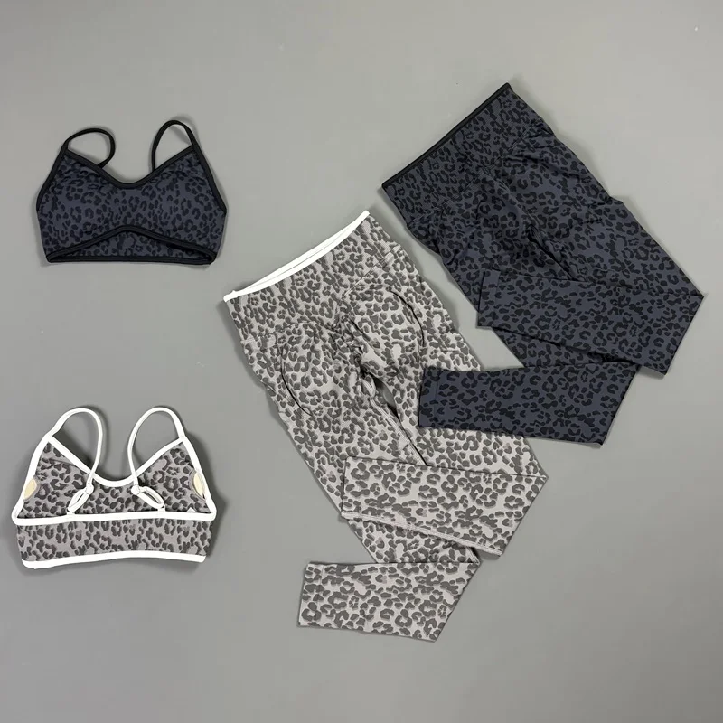 2 Pcs Fitness Sets Women Leopard Print Contrast Edge Removable Pad Bra Breathable Squat Proof Pants Suit Sports Workout Set