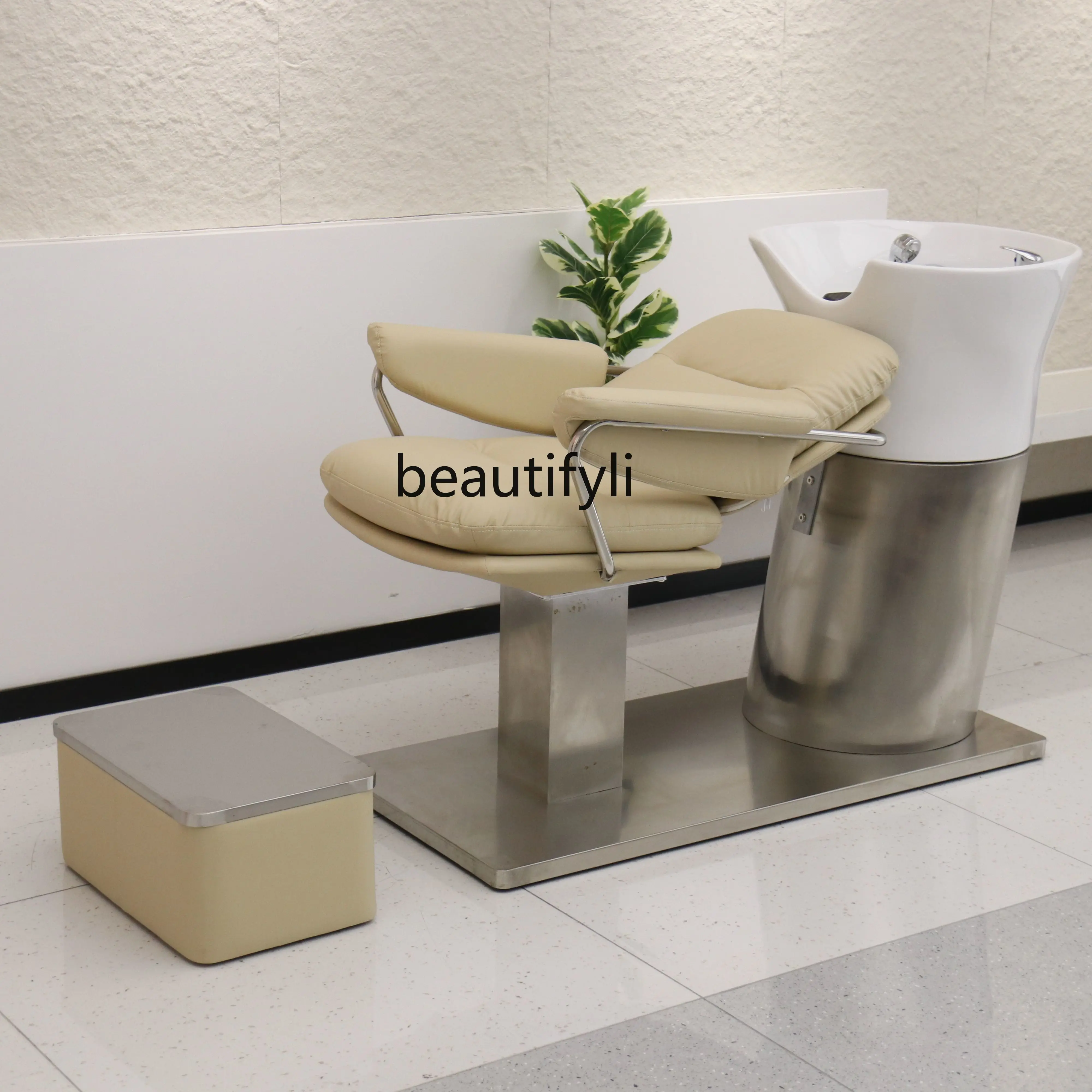 Hair salon stainless steel shampoo bed, barber shop special flush bed, ceramic basin, semi-reclining massage chair