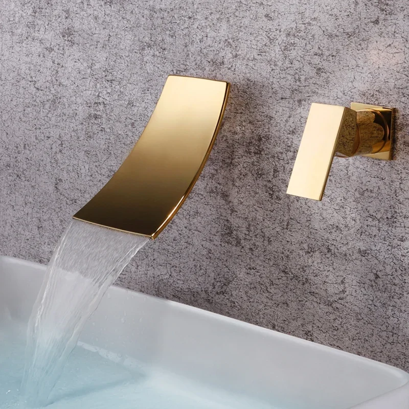 

Basin Faucet Gold Bathroom In-Wall Black Waterfall Hot and Cold Bathroom Sink Tap Basin Mixer Tap Set