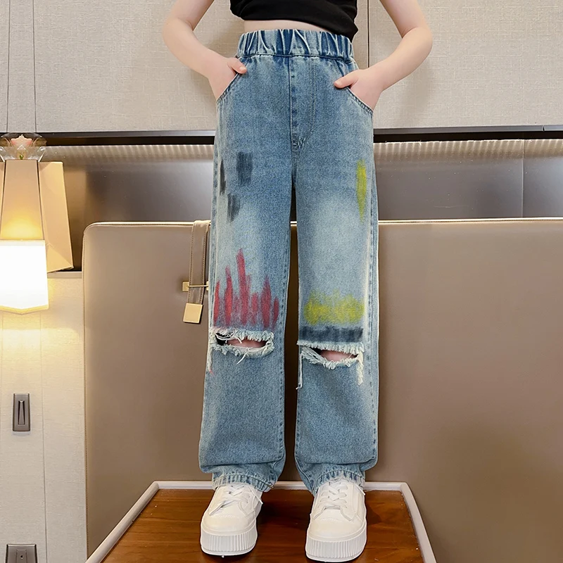 

Spring and Autumn Children's Pants New Girls British Style Breakthrough Hole Colored Painted Jeans Casual Fashion Wide Leg Pants