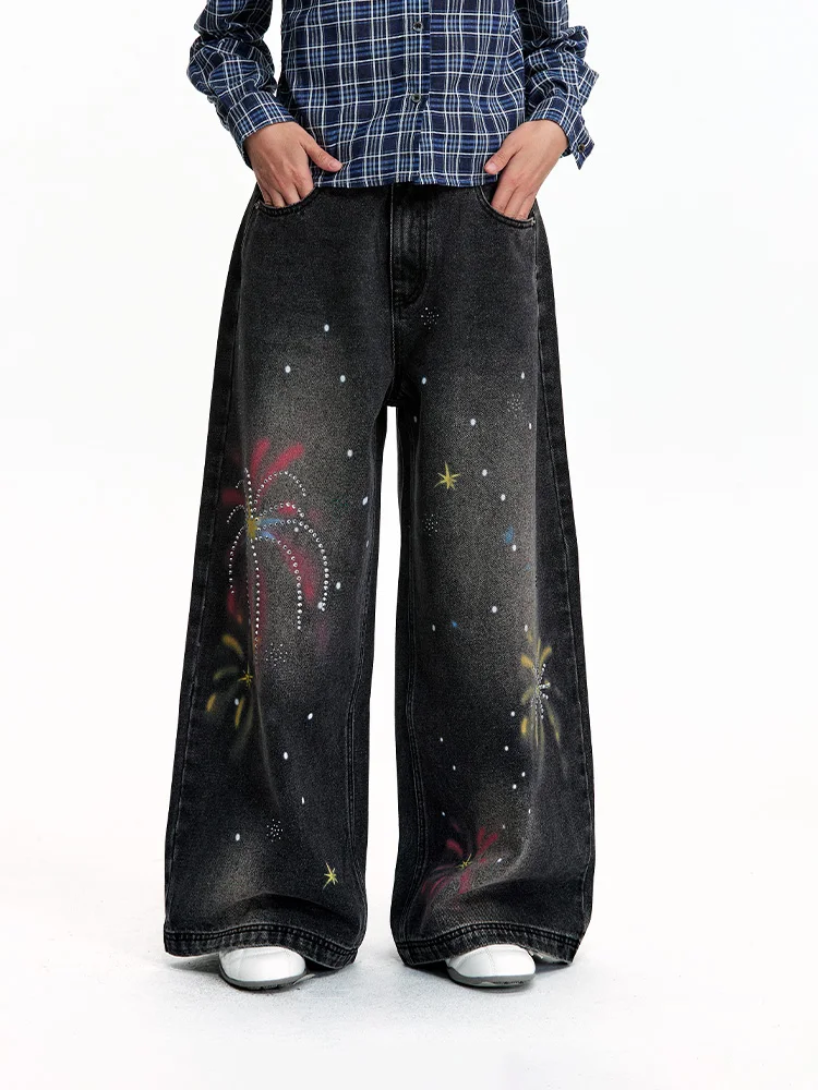 Men Women 2025 Autumn Winter New American Style Printed Rhinestone Long Denim Pants Loose Trendy Jeans Handsome Denim Trousers