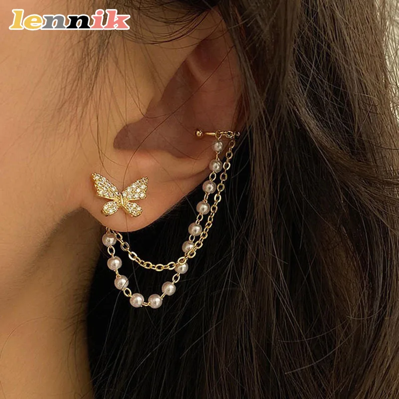 LENNIK Women's 925 Silver Needle Zircon Butterfly Earrings, Pearl Chain Tassel Integrated Ear Cuff, High-End Daily & Party Use