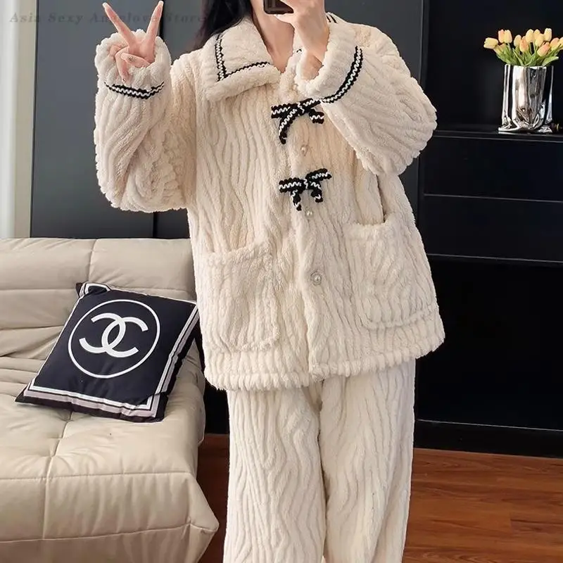 

Women's Two Pieces Pajamas Set Thick Warm Sleepwear Autumn Winter Fuzzy Fleece Long Sleeve Top Pants Pyjamas Suit Home Clothes