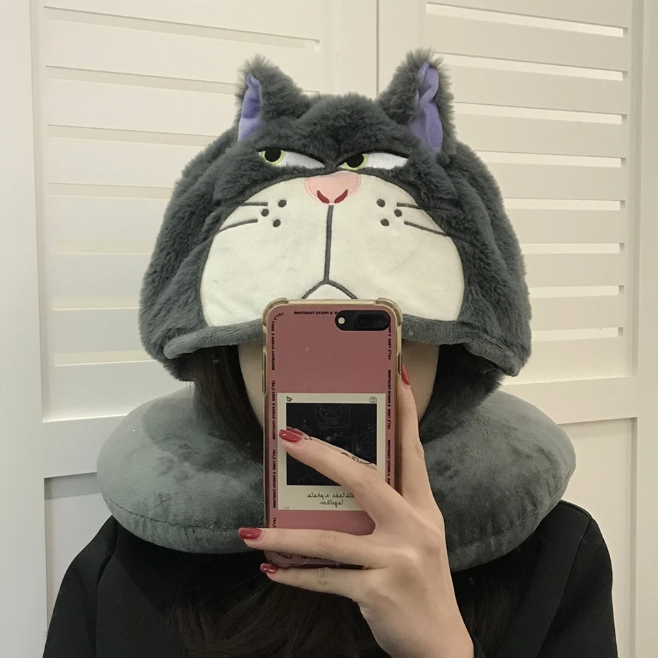 Kawaii Lucifer Cat U-shaped Neck Pillow With Hat Anime Grey Cat Travel Pillow Hooded Blackout Office Car Japanese Style Gifts