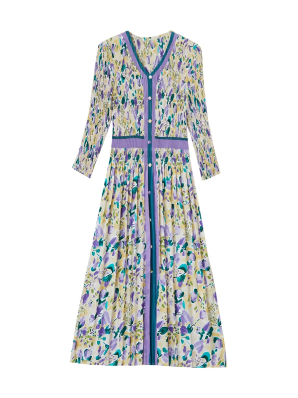 Spring Autumn Floral Print Pleated Midi Dr Single Button V Ne Waist Cinched Faionable Ele mid Long Skirt