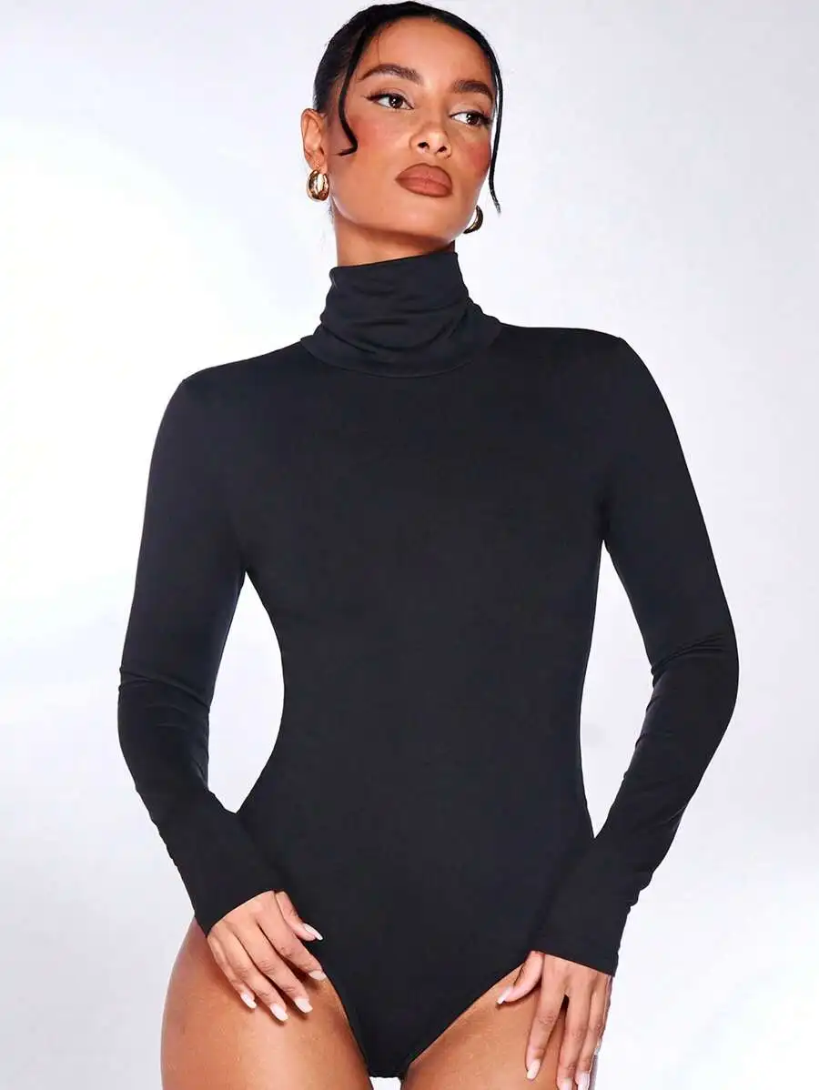 

Women's High Neck Long Sleeve Bodysuit - Solid Black, Stretchy Fit
