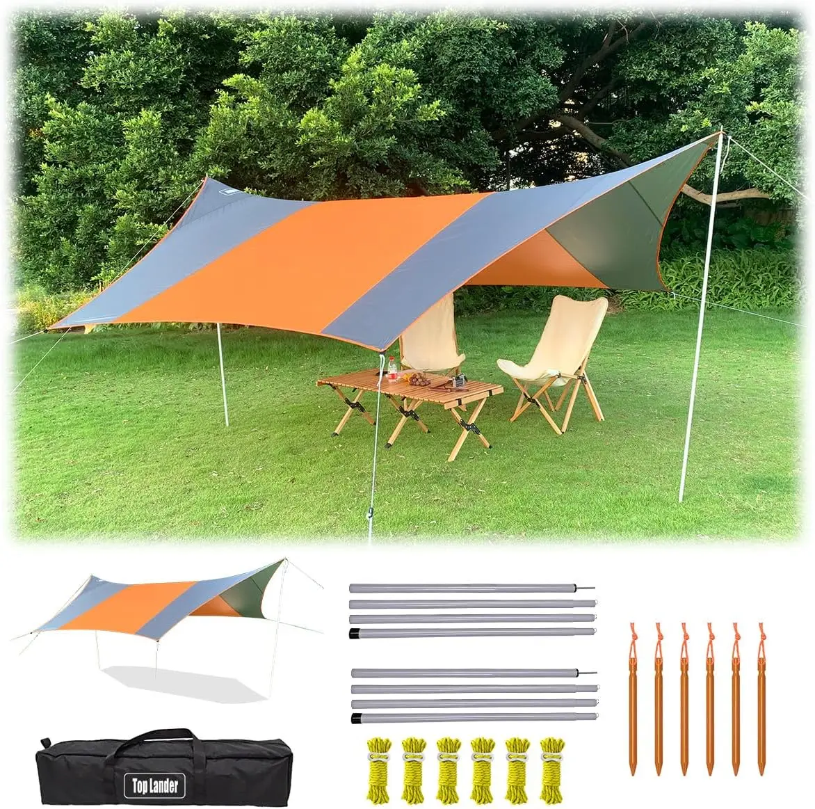 

13.5 * 13.5Ft Camping Tarp Shelter With Poles Large Tent Tarp Waterproof Rain Fly For Hammo Cover Bushcraft Picnic Backpacking