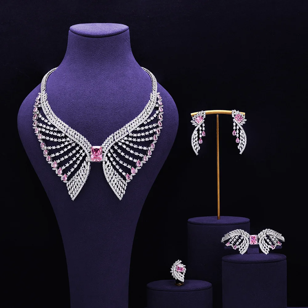 Fashion Wing Shape Blue Cubic Zircon 4Pcs Jewelry Set Necklace Earrings Bracelet Ring Sparkling Statement Bridal Christmas Gift