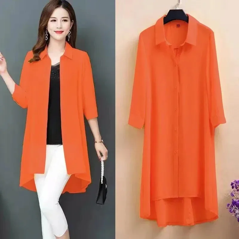 

2025 New Solid Color Mid Length Sunscreen Clothing Loose Large Size Female Shirt Tops Spring/Summer Women's Chiffon Shirt Blouse