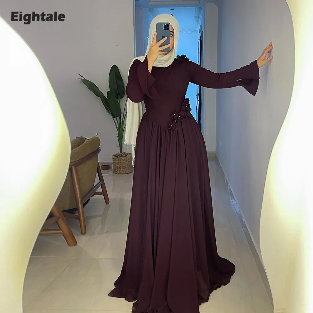 

Eightale Arabic Evening Dress O-Neck 3D Flowers Customized A-Line Floor Length Chiffon Long Sleeves Prom Wedding Party Gown