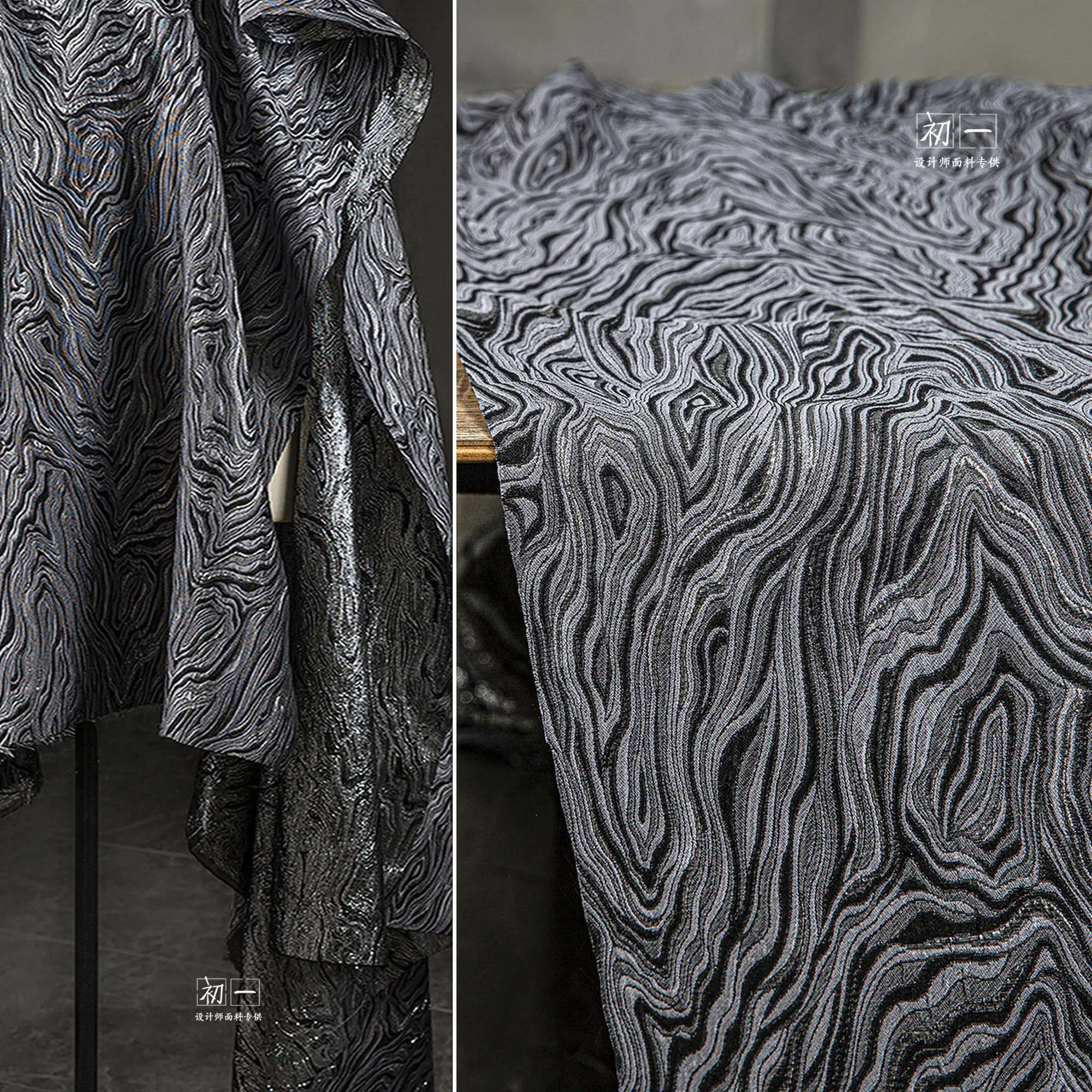 Black Silver Fantasy Tree Wheel Jacquard Fabric Three-Dimensional Flowing Texture Mercerized Thick Clothing Designer