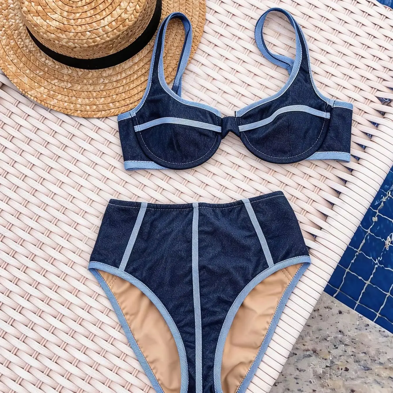 2027 New Color-Block Trim Bikini Women High Waist Swimwear Vintage Lady Underwire Adjustable Biquini Bathing Suit Mujer Swimsuit