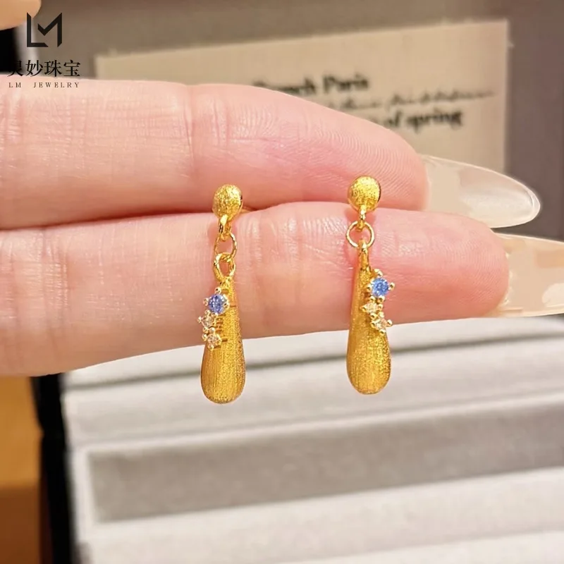 

9999 24K real gold luxury jewelry point diamond brushed water drop earrings versatile temperament gift for girlfriend