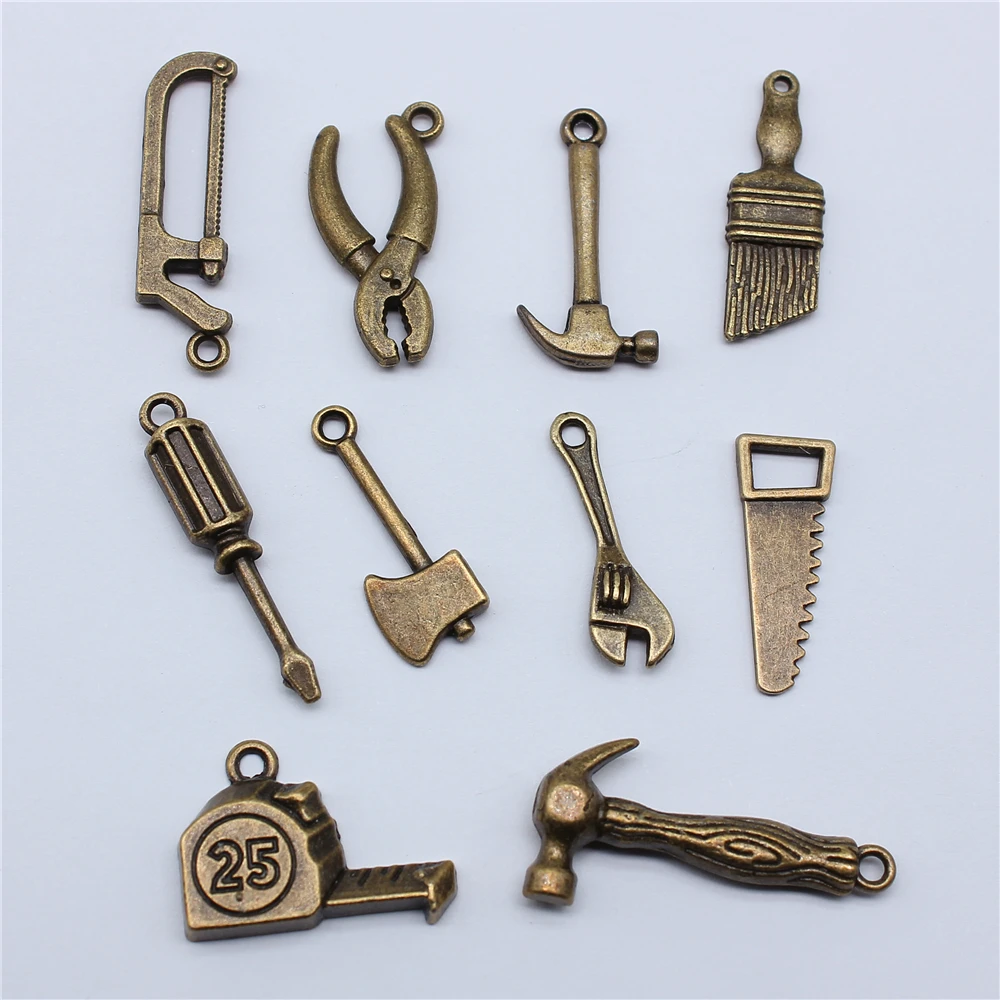 20pcs Tools Vise Wrench Saw Hammer Ax Screwdriver Charms Zinc Alloy Pendant for DIY Charm Choker Necklace Bracelet Jewelry