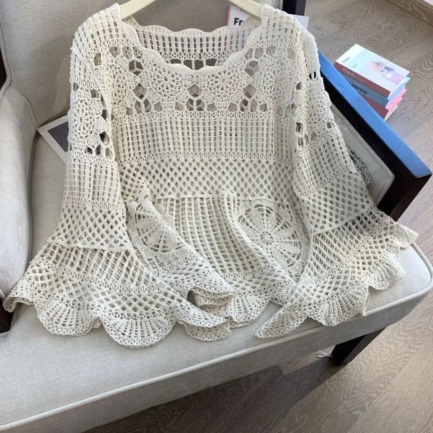 REALEFT Summer Lace Crochet Women\'s White Shirts 2024 New Hollow Out Beach Bohemian Long Sleeve Knitted Tops Female