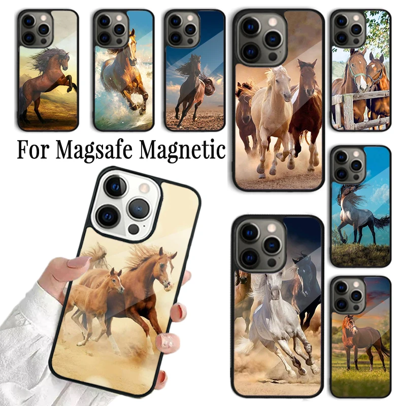 Coque Phone Case For iPhone 16 15 14 13 12 Mini 11 Pro Max Plus Magsafe Magnetic Wireless Charging Cover Animal Steed Horse