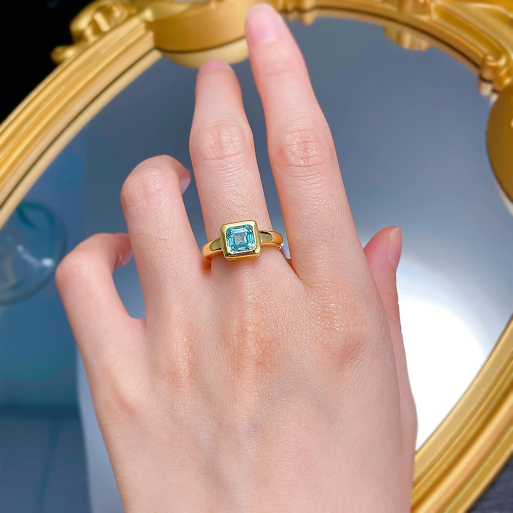 Wong Rain Vintage 18K Gold Plated 925 Sterling Silver Asscher Cut 7*7 MM Aquamarine Gemstone Women Ring Fine Engagement Jewelry