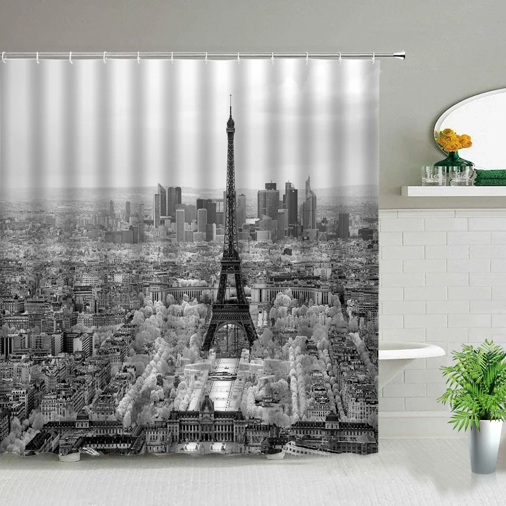 London Big Ben Paris Tower Red Bus Shower Curtain Building Landscape Bathroom Curtains Waterproof Fabric Bath Screen With Hooks