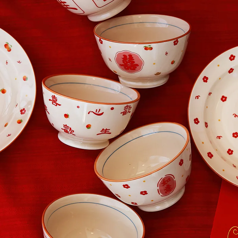 New Festive Ceramic Bowl and Plate Set for Housewarming Peace and Joy Exquisite Rice Bowl Dinner Plate Lucky Exquisite Tableware