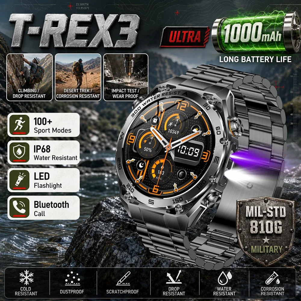 

2026 New 1000mAh T-Rex 3 Smart Watch Men IP68 Waterproof Heart Rate Bluetooth Call Military Outdoor Pedometer Sports Smartwatch
