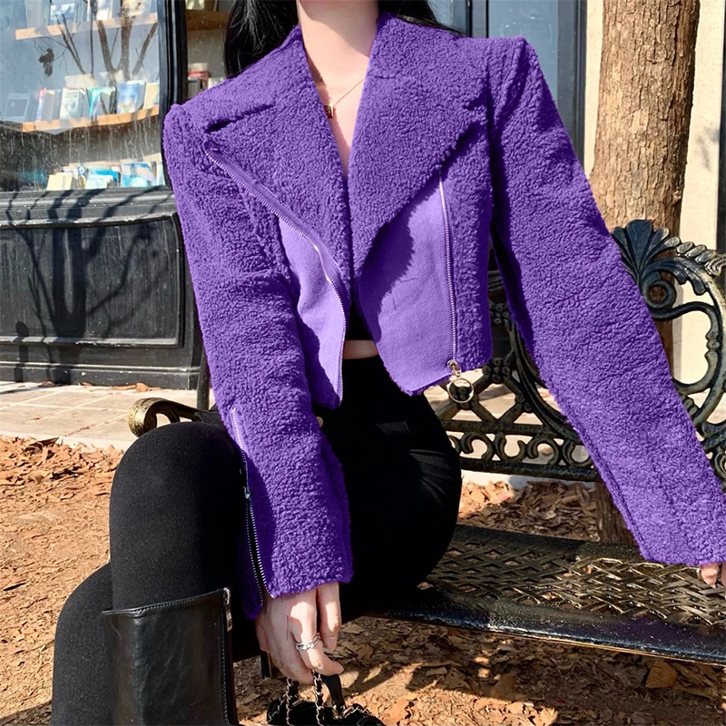 

Fashion Fur One Lamb Motorcycle Coat Women's Purple Temperament Winter 2023 New Short Overcoat Female Long-Sleeved Warm Jacket