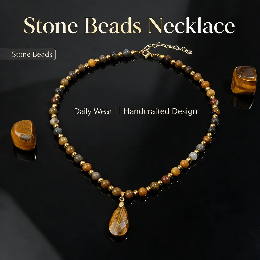 Natural Tiger Eye Stone Bead Necklace Adjustable Extension Chain Elegant Women's Fashion Jewelry 4 Styles To Choose From