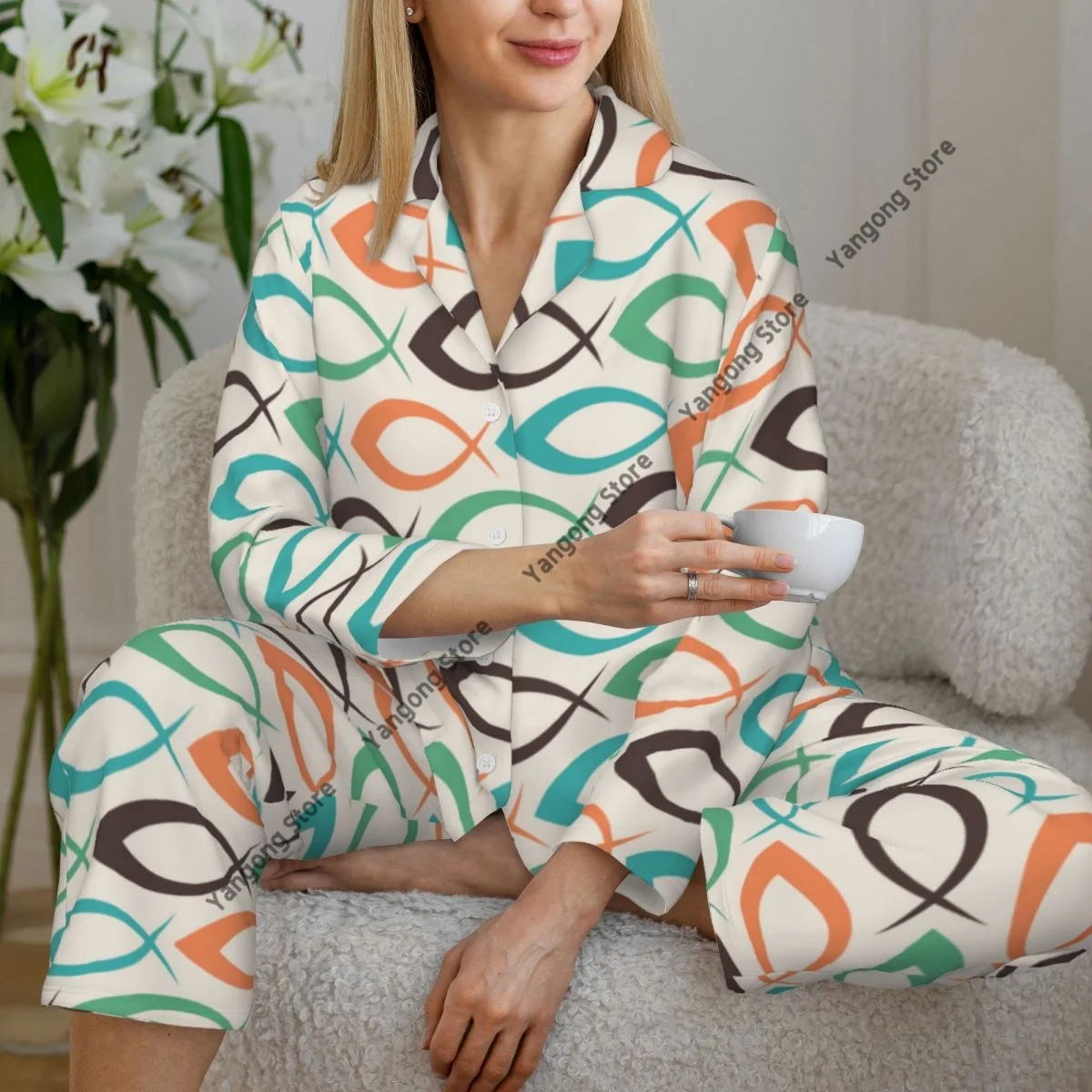 Women Sleepwear Pajamas Retro Fish Pattern Background Long Sleeve Pijama Female Set Negligee Cardigan Suit