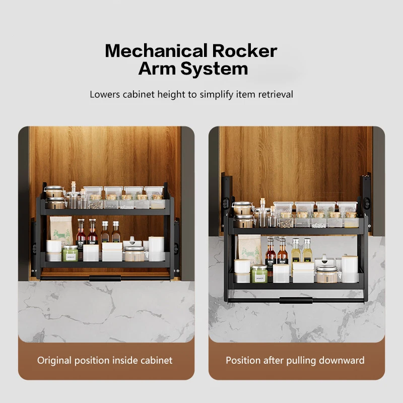 Premium Kitchen Wall Cabinet Pull Down Lift Up Storage Basket With Soft Close Damping Mechanism And Glass Aluminum Shelf