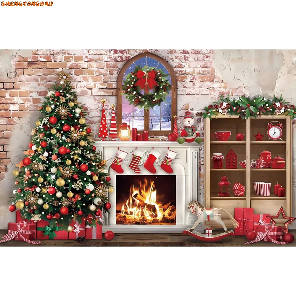 شجرة عيد الميلاد حفلة خلفية الشتاء جورب الهدايا الموقد نافذة الأسرة صورة التصوير خلفية ديكور لاستوديو الصور