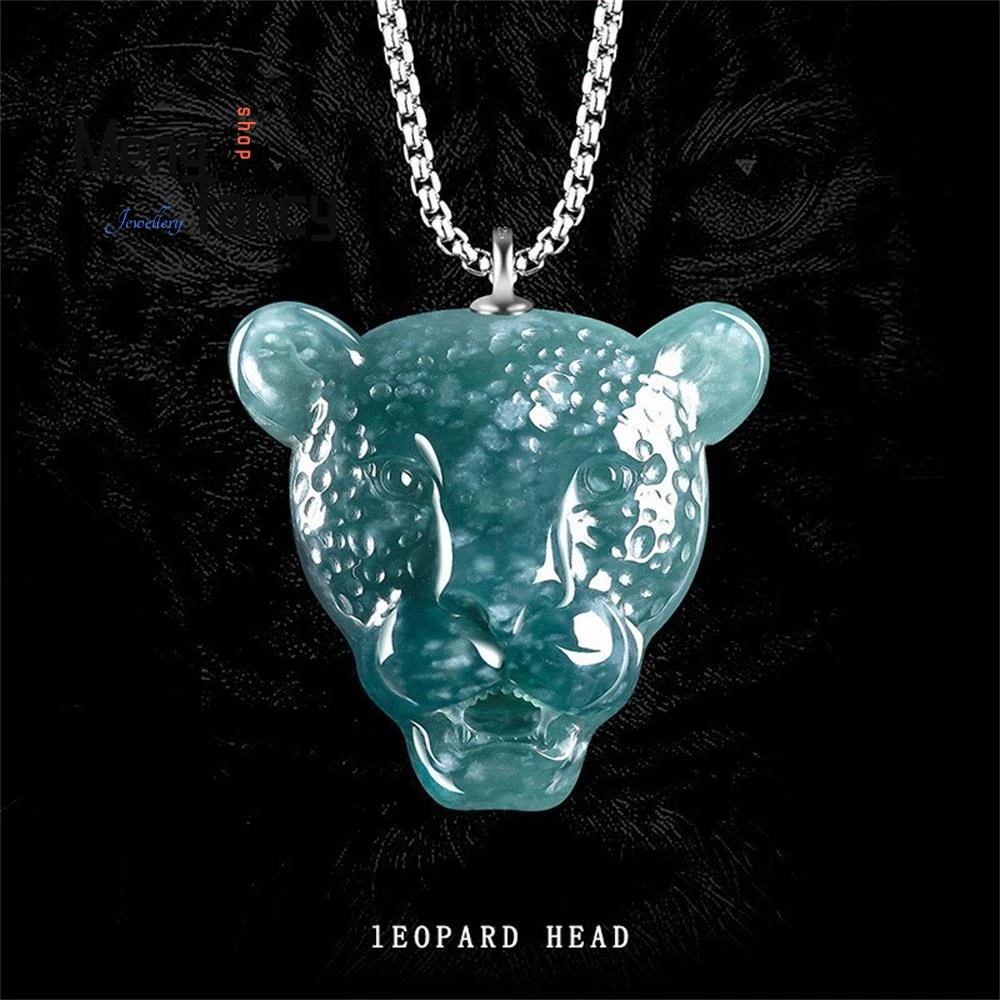 

Natural A-grade Jadeite Blue Water Floating Flower Leopard Pendant Ice-type Jade Hip-hop Popular Exquisite Jewelry Holiday Gifts