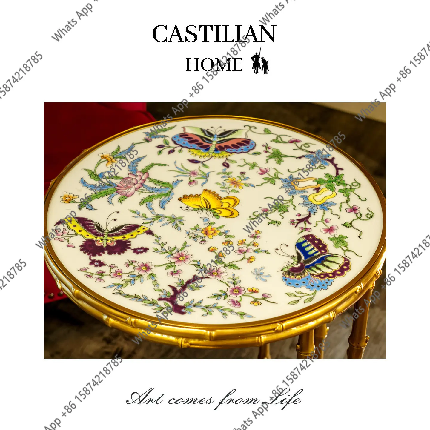 French Chinese style C-shaped hand-painted side table, living room sofa, small corner table, designer creative small round table
