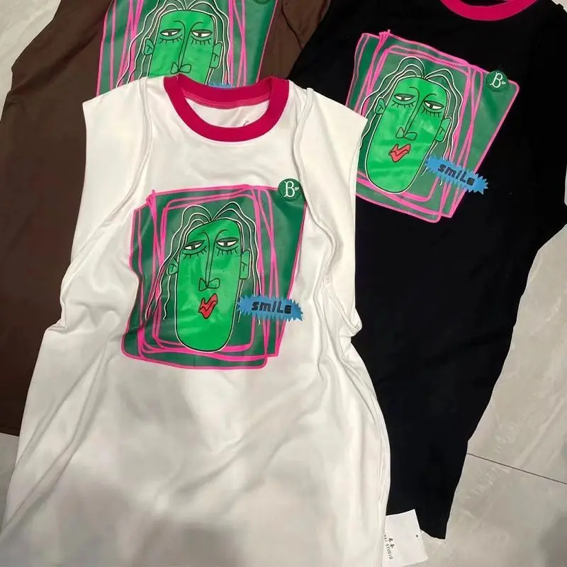 Belle surdimensionnée mode décontracté sans manches t-shirt robe d'été ample impression Patchwork col rond robe Midi femmes vêtements irréguliers