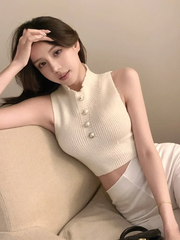 

Women's Knitted Short Sleeveless Vest Half High Collar Slimming Base Shirt Autumn Fashion High Waist Design Breathable Skin-F...
