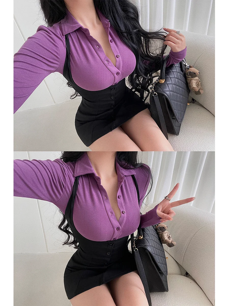 WOMENGAGA Sexy Polo Collar Single Breasted Long Sleeve T-shirt Hanging Neck Wrap Hip Dress Short Skirt Set Fashion Women P7QH