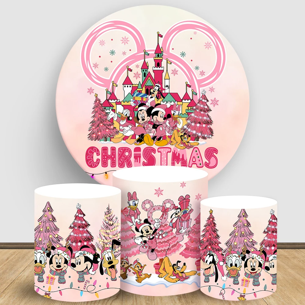 

Disney Mickey Minnie Christmas Round Backdrop Winter Pink Xmas Tree Girl's Party Elastic Cylinder Cake Cartoon Background Cover