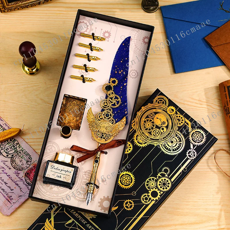 Wizard Educator Set Steampunk Gear Feather Pen & Fountain Pen Vintage Inkwell Teachers Magic School Desk Accessories Feather Pen