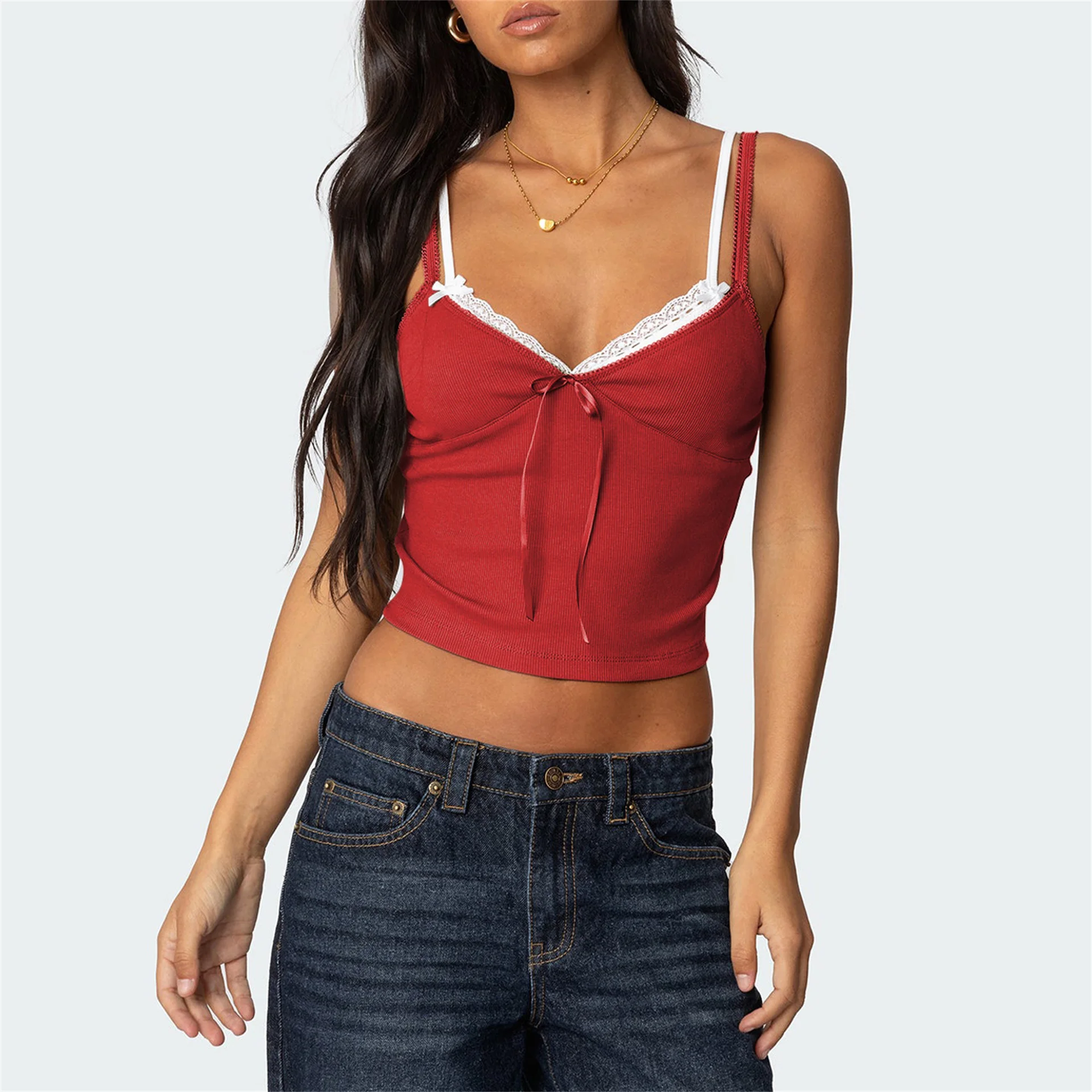 Sweet And Spicy Girl Lace Splicing Low Cut Tank Top Contrasting Color Double Root Shoulder Straps Fake Two Bow Decorative Straps