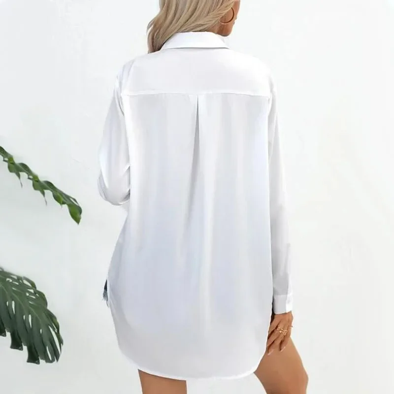 Camisas de manga larga para mujer, blusas holgadas informales de Color liso con cuello vuelto, Tops de botonadura única, primavera y otoño, 2024