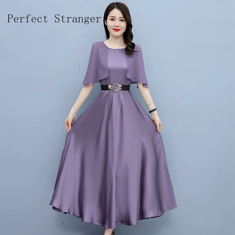 2022 Elegant Acetate Satin  Short Sleeve Dress Summer New Women Casual Maxi Dress Vintage Bodycon Party Solid Vestido