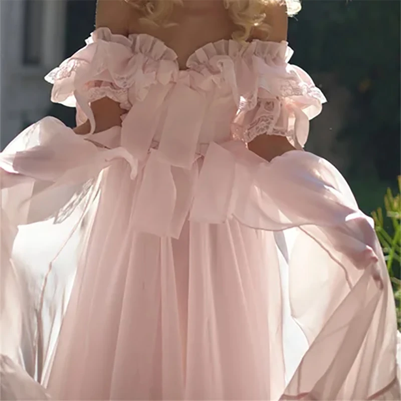 Pink Off Shoulder Evening Dresses Sweet Edge Curl Organza Vestidos gowns Prom Occasion Customized