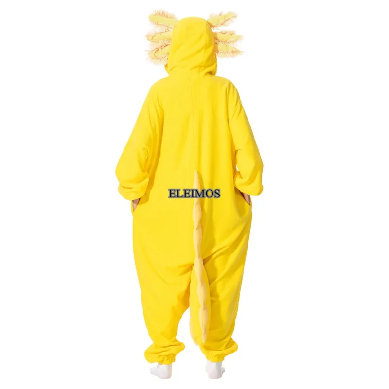 ELEIMOS ฮาโลวีน Onesie สีเหลือง Axolotl สําหรับผู้หญิงผู้ชายผู้ใหญ่สัตว์ Kigurumis ชุดนอนการ์ตูนชุดนอน Homewear ชุดคอสเพลย์