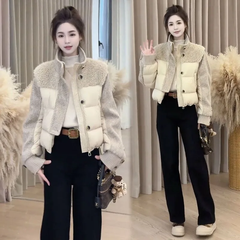 2026 Winter Female Korean Stand-up Collar Splicing Contrasting Color Short Down Cotton Coat Women's New Fashion Warm Down Jacket