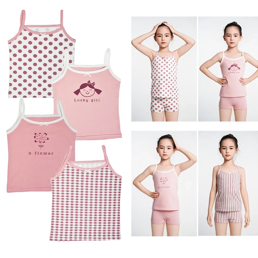 

4pcs/set Tank Top Pink Kids Girl 2024 New Cute Cotton Sleeveless T-shirt Children's Underwears Lingerie for Girls Aged 3-8 Years