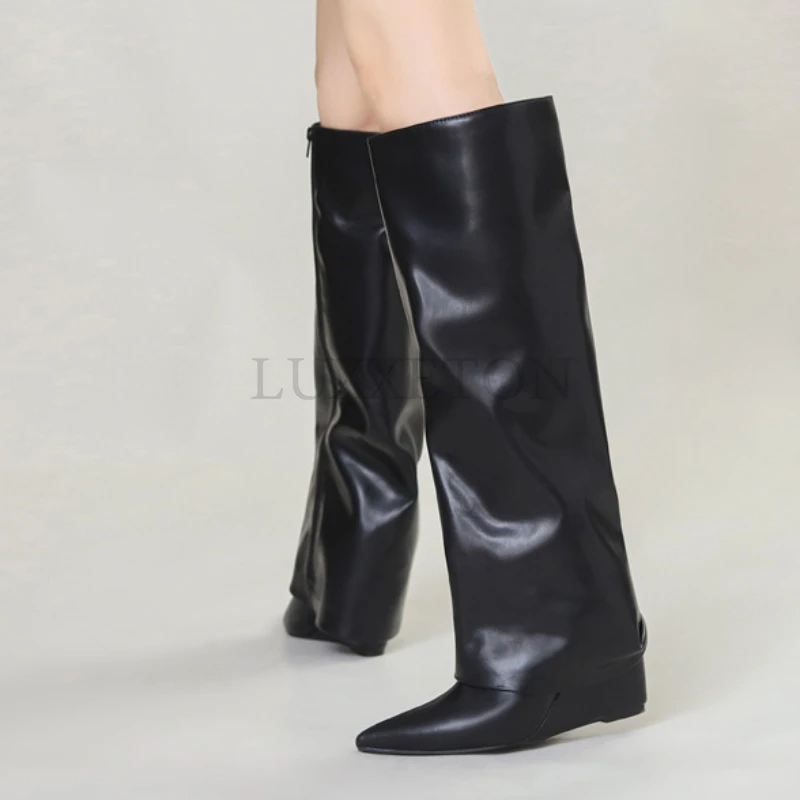 Autumn and Winter  New European and N Niche Trouser Boots Pointy Black But Lacquered Boots Female High-heeled  Knight  Boots